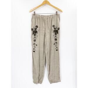 Soft Surroundings Beige Floral Embroidered Drawstring Casual Pants Size Small